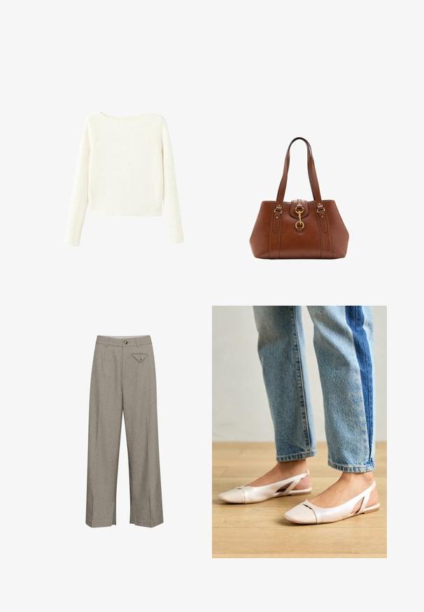 Bílý svetr s dlouhým rukávem, žebrovaný, s mírně lodičkovým výstřihem a rovním lemem.; Kalhoty s širokými nohavicemi v světlé šedé látce, s předním zapínáním na knoflík, dvěma bočními kapsami a ozdobnou kapsou ve tvaru diamantu na zadní straně.; Světle růžové slingback baleríny s špičatou špičkou, vyrobené z hladkého koženému materiálu. Obsahují vystřihovací detaily po stranách a plochý podpatek.; Hnědá kožená kabelka s dvojitými popruhy, zaobleným tvarem, zlatými kovovými doplňky a centrálním detailem s přezkou. Hladký povrch s prošívanými akcenty.