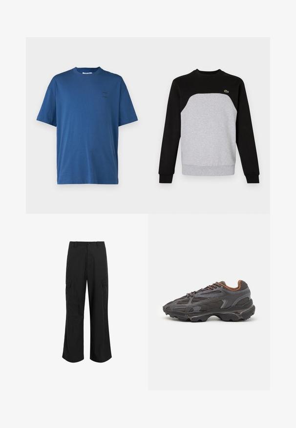 Felpa grigia e nera con scollo rotondo, maniche lunghe e polsini a costine. Presenta un design a pannelli contrapposti e un piccolo logo.; Samsøe Samsøe JOEL - T-shirt basic - true navy; Pantaloni cargo neri realizzati in tessuto leggero, con una vestibilità rilassata, due ampie tasche laterali e chiusura con bottone.; Sneaker Lacoste grigie scure in materiale mesh e sintetico, con suola testurizzata e dettagli marroni sul colletto e sul branding.