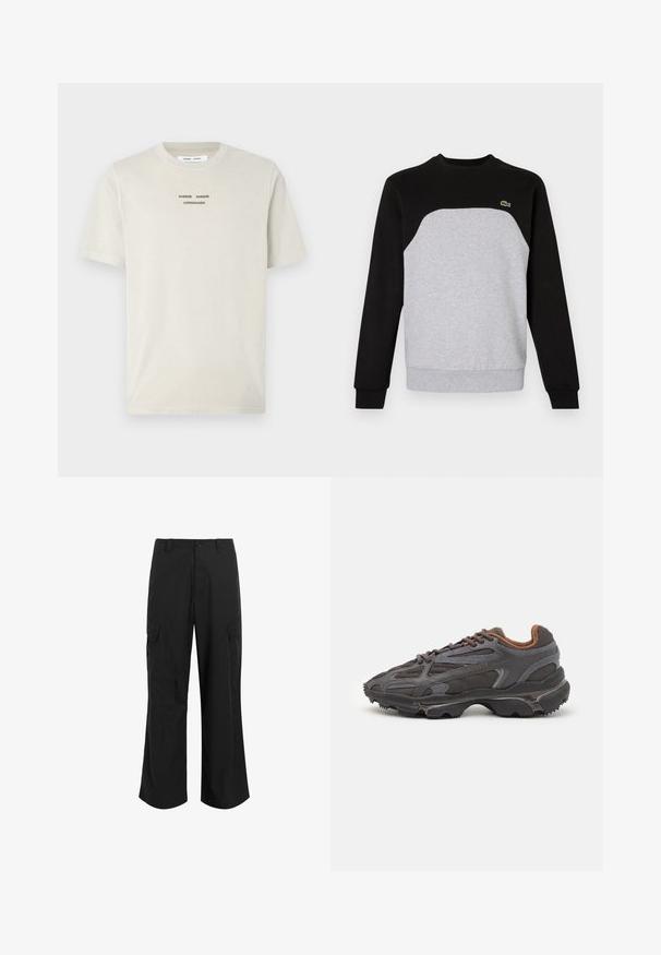 Grauer und schwarzer Pullover mit Rundhalsausschnitt, langen Ärmeln und gerippten Bündchen. Verfügt über ein kontrastierendes Paneeldesign und ein kleines Logo.; Helles beiges Baumwoll-T-Shirt mit kurzen Ärmeln, Rundhalsausschnitt und schwarzem Drucktext "SAMSE SAMSØ COPENHAGEN", der mittig auf der Brust platziert ist.; Schwarze Cargo-Hose aus leichtem Stoff, mit entspannter Passform, zwei großen Seitentaschen und Knopfverschluss.; Lacoste Sneaker in Dunkelgrau aus Mesh und Synthetikmaterial, mit einer strukturierten Sohle und braunen Akzenten am Kragen und Logo.