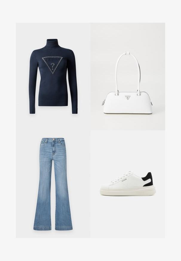 Marineblå langærmet turtleneck sweater med ribbede manchetter og kant, med et perlebesat trekantet GUESS-logo med et spørgsmålstegn.; Lyseblå, flagrende jeans lavet af denim, med høj talje, forlommer og en søm med let blegning for tekstur.; Hvide lædersneakers med en tyk hvid sål, sort ruskindhælvægt og prægede logoer på siden. Snørebåndsdesign med seks øjer.; Hvid lædertaske med en buet form, der har et sølvtrapezlogo og lynlåslukning. Glat tekstur og dobbelthåndtag.