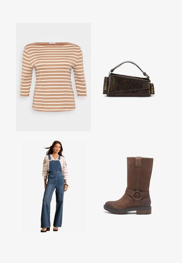 Mango WITH PERKINS - Maglione - pink; Maglietta a maniche lunghe a righe in marrone chiaro e bianco, con scollatura a barca e in morbido cotone. Include un piccolo logo sul petto.; Salopette in denim con un design scallopato sul bavaglino, gambe svasate e tasche laterali. Abbinata a una blusa bianca ricamata e accessori in legno.; Stivale alto in suede marrone con punta rotonda, tacco piatto e una cintura decorativa con un accento a cerchio in metallo.; Borsa a mano in pelle marrone con un design geometrico, caratterizzata da un manico superiore e dettagli in ottone sulla cerniera. Logo stampato a caldo sul lato.; Orecchini a cerchio in argento con una superficie liscia e lucida e una forma circolare sottile. Il design presenta una chiusura sicura.