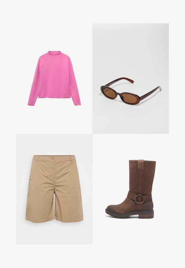 Mango WITH PERKINS - Pullover - pink; Shorts kaki en tissu doux mélangé de coton, avec une coupe droite, une fermeture à boutons et des poches avant.; Botte haute en suede marron avec un bout arrondi, un talon plat et une sangle décorative avec un accent en métal circulaire.; Lunettes de soleil rondes teinte brun avec une monture bordeaux brillante. Branches fines avec un détail de marque subtil. Design de verres plats.; Boucles d'oreilles en argent en forme de hoop, avec une surface lisse et polie et une forme circulaire mince. Le design comprend un fermoir sécurisé.