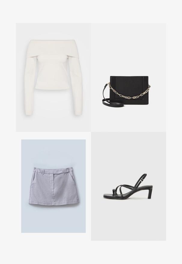 Off-the-shoulder long-sleeve top in soft white knit, featuring a ribbed neckline and a fitted body, with smooth texture and minimal seams.; Gray skirt with a smooth texture, featuring a flat waistband, two front pockets, and a straight cut design.; Black strappy sandal with a square toe and a low block heel. Features multiple thin straps and an adjustable ankle strap. Made of smooth leather.; Black leather crossbody bag featuring a smooth texture, rectangular shape, and a metallic chain detail on the front. Adjustable strap included.