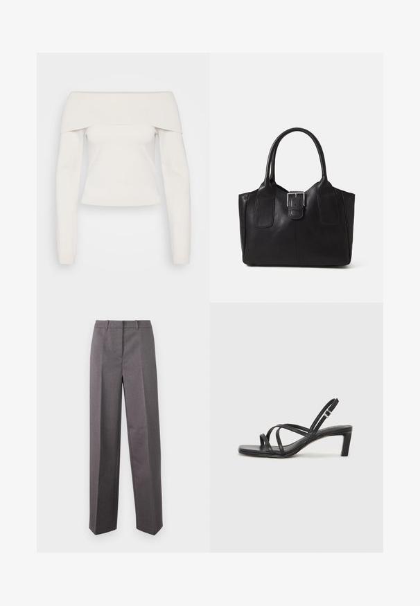 Off-shoulder langemouwtop in zachte witte tricot, met een geribde halslijn en een getailleerd lichaam, met een gladde textuur en mininale naden.; Grijze, op maat gemaakte broeken van textuurstof, met een rechte pijp, een vlakke voorkant en riemlussen.; Zwarte sandaal met bandjes, vierkante teen en een lage blokhak. Voorzien van meerdere dunne bandjes en een verstelbare enkelband. Gemaakt van zacht leer.; Zwarte leren tote bag met een gladde textuur, gestructureerde vorm, twee handvatten en een opvallend zilveren sluitingdetail aan de voorkant.