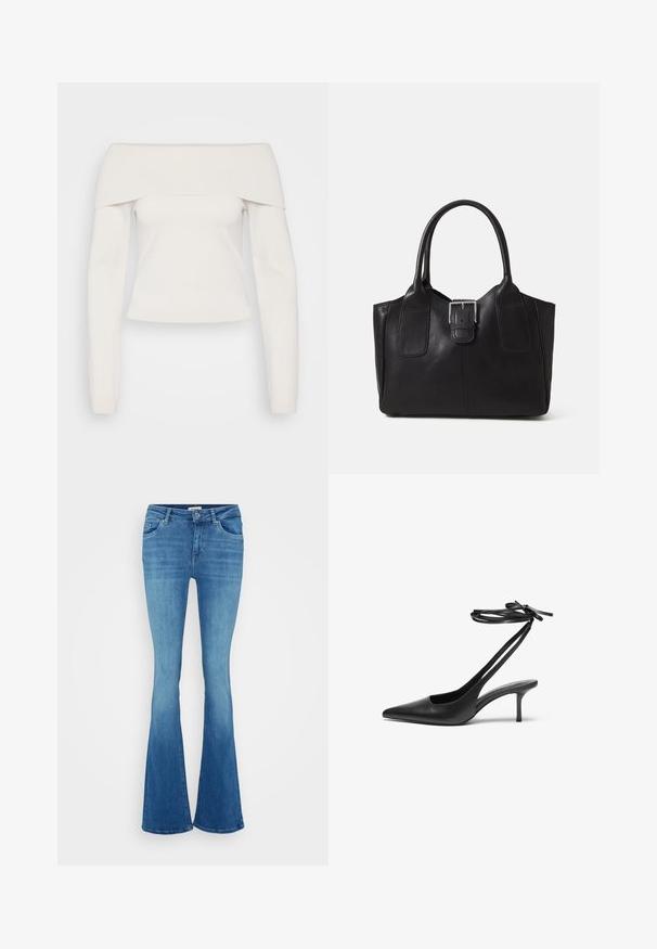 Õlavarre alt avatud pika varrukaga pehme valge kudum, millel on soonikkrae ja formiline keha, sile tekstuur ja minimaalsed õmblused.; ONLY Tall ONLBLUSH MID - Alt laienevad teksad - medium blue denim; Must musta stiletto kingad terava ninaga, avatud seljaosa ja pahkluu rihmadega, mis on seotud kaareks. Kitsa 3-tollise kontsaga. Sile tekstuur, minimalistlik disain.; Mustgamma nahast kott, millel on sile tekstuur, struktureeritud kuju, kaks käepidet ja esiküljel silmapaistev hõbedane pandla detail.; Hõbedane kahekordne rõngas sujuva, poleeritud pinnaga. Omab voolavat, kõverat disaini, millel on kattuvad sektsioonid, et saavutada kaasaegne ilme.