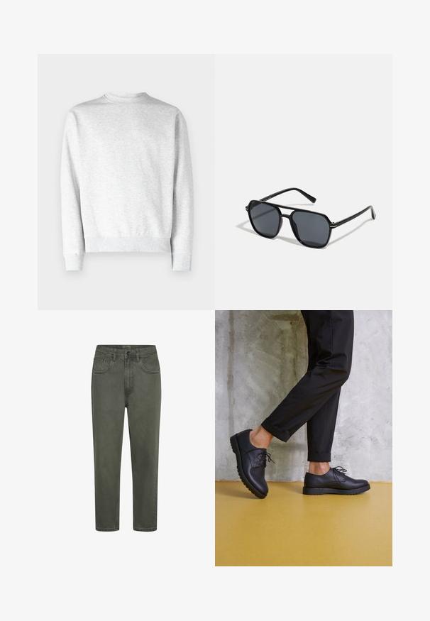 Lichtgrijze crewneck sweatshirt van zacht fleece materiaal, met ribgebreide boorden en onderkant, en een gladde textuurafwerking.; Groene katoenen chinos met een rechte snit, voorzien van riemlussen, voortzakken en een knoopsluiting. Soepele textuur met minimale stiksels.; Zwart leren veterschoenen met een ronde neus, gestructureerd oppervlak en dikke rubberen zool. Gekocht met opgerolde zwarte broeken tegen een betonnen achtergrond.; Zwarte zonnebril met een octagonaal frame, donkere lenzen, glanzende afwerking, dunne tempels en gouden accenten aan de voorkant.