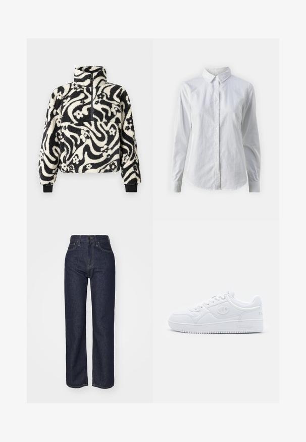 Svart og hvit fleece-pullover med høy krage, med et svaiende blomsterdesign og ribbestrikkede mansjetter. Frontlukking med glidelås.; Hvit skjorte med knapper laget av glatt bomull, med klassisk krage, lange ermer og buet skjær. Knapper er små og hvite.; Mørkeblå denim høy midje jeans med rett ben-design, synlige sømmer, fem lommer og lukking med knapp foran.; Hvit sneakers laget av glatt syntetisk materiale, med rund tå, flat såle og subtile logoaksenter på sidene. Klassisk lavt design.