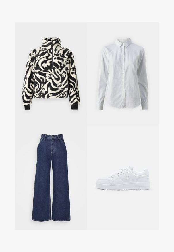 Czarny i biały polarowy pulower z wysokim kołnierzem, zdobiony wirującym kwiatowym wzorem oraz prążkowanymi mankietami. Zamek błyskawiczny z przodu.; Biała koszula zapinana na guziki, wykonana z gładkiej bawełny, z klasycznym kołnierzykiem, długimi rękawami i zaokrąglonym dołem. Guziki są małe i białe.; Jeansy dżinsowe o szerokich nogawkach w ciemnoniebieskim kolorze, z wysokim stanem, przednimi kieszeniami oraz zamkiem błyskawicznym i metalowym guzikiem. Gładka tekstura i klasyczny krój.; Białe sneakersy wykonane z gładkiego materiału syntetycznego, z okrągłym czubkiem, płaską podeszwą i subtelnymi akcentami logo po bokach. Klasyczny niski design.