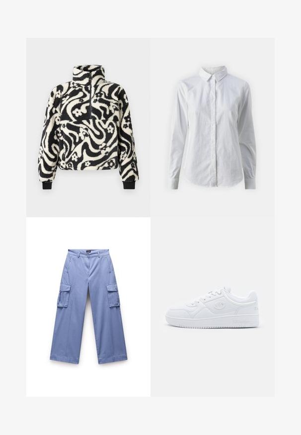 Fekete-fehér bolyhos pulóver magas gallérral, forgó virágmintával és bordázott mandzsettával. Elülső cipzáras záródás.; Fehér, sima pamutből készült gombos ing, klasszikus gallérral, hosszú ujjakkal és ívelt hemvéggel. A gombok kicsik és fehérek.; Világoskék cargo nadrág sima anyagból. Kétoldali zsebekkel, laza szabással és egyenes lábakkal rendelkezik, varrott részletekkel.; Fehér sneaker sima szintetikus anyagból, kerek orral, lapos talppal, és diszkrét logó dekorációval az oldalán. Klasszikus alacsony fazon.