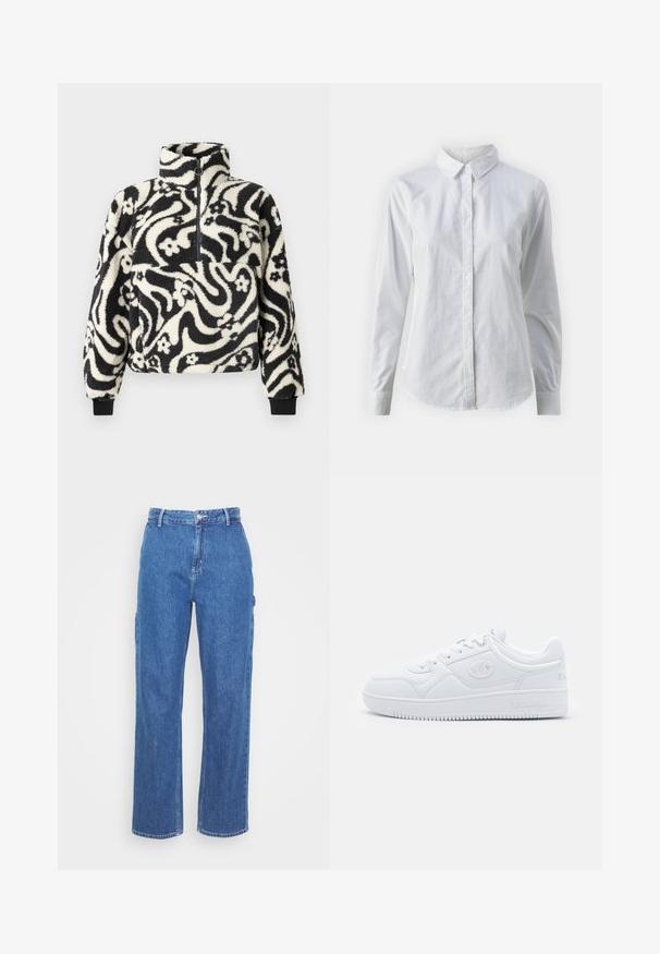 Pulóver de forro polar en blanco y negro con cuello alto, que presenta un patrón floral en espiral y puños acanalados. Cierre frontal con cremallera.; Camisa blanca de botones hecha de algodón suave, con un cuello clásico, mangas largas y un dobladillo curvado. Los botones son pequeños y blancos.; Pantalones de mezclilla azul de cintura alta con un diseño de pierna recta, cuentan con un cierre frontal de botón y bolsillos laterales. Textura suave y sin patrones visibles.; Zapatilla blanca hecha de material sintético suave, con puntera redonda, suela plana y sutiles acentos de logo en los laterales. Diseño clásico de caña baja.