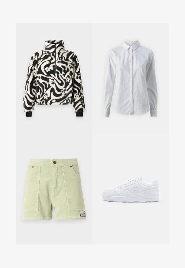 Black and white fleece pullover with a high collar, featuring a swirling floral pattern and ribbed cuffs. Front zipper closure.; White button-up shirt made of smooth cotton, featuring a classic collar, long sleeves, and a curved hem. Buttons are small and white.; Corduroy shorts in light green, featuring a ribbed texture, two front pockets, a back patch label, and metal button hardware.; White sneaker made of smooth synthetic material, featuring round toe, flat sole, and subtle logo accents on the sides. Classic low-top design.