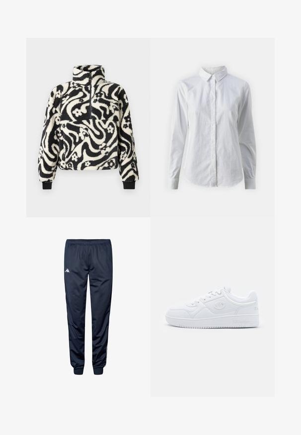 Svart og hvit fleece-pullover med høy krage, med et svaiende blomsterdesign og ribbestrikkede mansjetter. Frontlukking med glidelås.; Hvit skjorte med knapper laget av glatt bomull, med klassisk krage, lange ermer og buet skjær. Knapper er små og hvite.; Mørkeblå treningsbukser med elastisk liv, mansjettankler og hvit Kappa-logo på øvre venstre bein.; Hvit sneakers laget av glatt syntetisk materiale, med rund tå, flat såle og subtile logoaksenter på sidene. Klassisk lavt design.