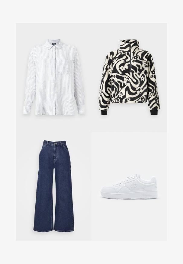 Black and white fleece pullover with a high collar, featuring a swirling floral pattern and ribbed cuffs. Front zipper closure.; Long-sleeve button-up shirt in white with blue vertical stripes, cotton fabric, soft texture, collar, and chest pocket.; Wide-leg denim jeans in dark blue, featuring a high waist, front pockets, and a zipper fly with a metal button. Smooth texture and classic design.; White sneaker made of smooth synthetic material, featuring round toe, flat sole, and subtle logo accents on the sides. Classic low-top design.