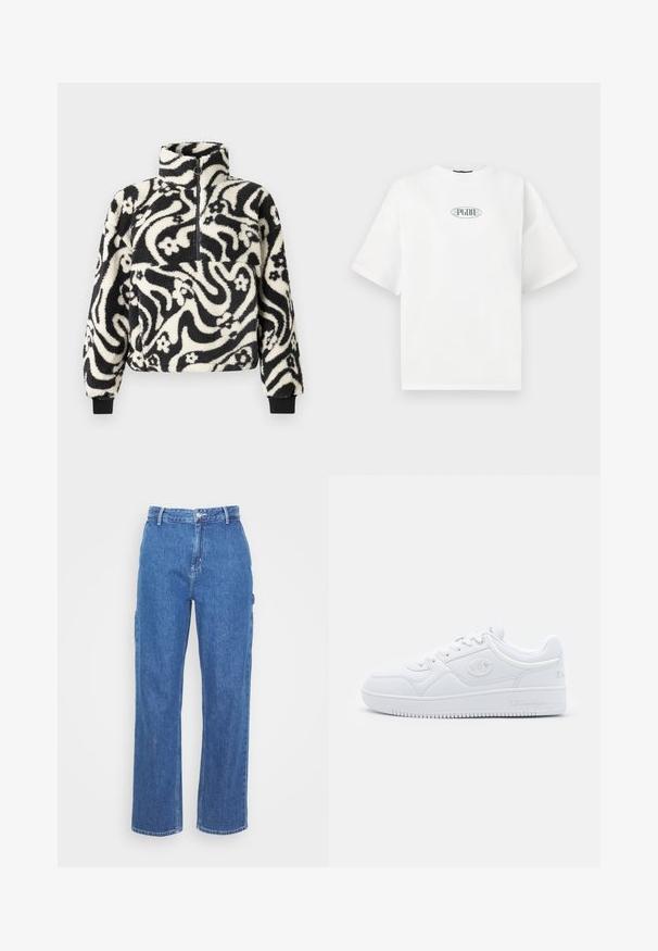 Pulóver de forro polar en blanco y negro con cuello alto, que presenta un patrón floral en espiral y puños acanalados. Cierre frontal con cremallera.; Camiseta blanca de manga corta hecha de algodón, con un logotipo gráfico en verde dentro de una forma ovalada en el centro del pecho.; Pantalones de mezclilla azul de cintura alta con un diseño de pierna recta, cuentan con un cierre frontal de botón y bolsillos laterales. Textura suave y sin patrones visibles.; Zapatilla blanca hecha de material sintético suave, con puntera redonda, suela plana y sutiles acentos de logo en los laterales. Diseño clásico de caña baja.