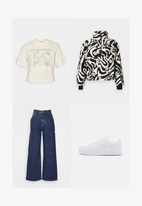 Svart og hvit fleece-pullover med høy krage, med et svaiende blomsterdesign og ribbestrikkede mansjetter. Frontlukking med glidelås.; Kuttet kremfarget t-skjorte laget av bomull, med et grått grafisk trykk av abstrakte landskap og ordet "CHAMPION" i fet skrift.; Bredde ben denim jeans i mørkeblå, med høy midje, frontlommer og glidelås med metallknapp. Glatt tekstur og klassisk design.; Hvit sneakers laget av glatt syntetisk materiale, med rund tå, flat såle og subtile logoaksenter på sidene. Klassisk lavt design.