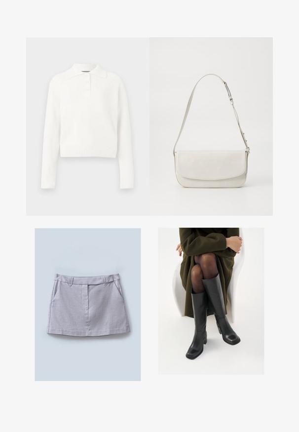 Weißer gerippter Strickpolo-Pullover mit langen Ärmeln, Kragen und einer Knopfleiste mit drei Knöpfen. Er hat ein cropped Design und eine weiche Textur.; Grauer Rock mit glatter Textur, flachem Taillenbund, zwei Vorderpockets und geradem Schnitt.; Knöchelhöhe schwarze Lederstiefel mit quadrater Spitze und Blockabsatz, gezeigt mit einem Modell, das einen olivgrünen Mantel trägt. Glatte Textur, minimale Details.; Weiße Leder-Schultertasche mit glatter Oberfläche, rechteckiger Form, Klappenverschluss und verstellbarem Tragegurt. Schlichte Steppnähte.