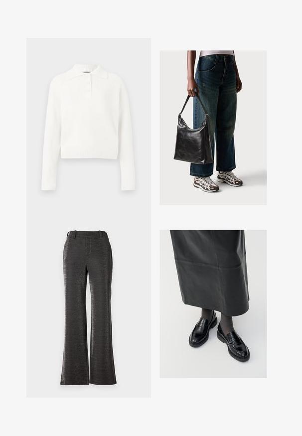 Balts ribots/adītais garām piedurknēm polo džemperis ar apkakli un trim pogu rindām, ar īsāku dizainu un mīkstu faktūru.; Melni, flared bikses, izgatavotas no teksturēta, spīdīga auduma. Iezīmēta ar jostu, priekšējiem kabatām un taisnu griezumu līdz apakšmalai.; Melni ādas loafers ar gludu apdari, ar dekoratīvu jostu, apaļu pirkstu un teksturētu zoli. Valkāti ar garu melnu ādas svārku.; Melna ādas pleca soma ar gludu tekstūru un regulējamu siksnu, saskaņota ar izbalējušām platām biksēm un sportiskām kedām.
