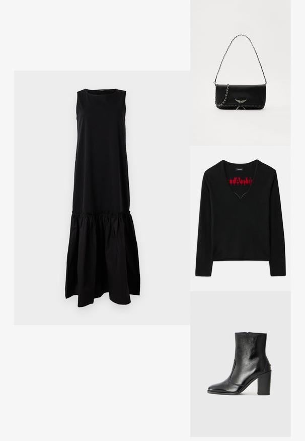 Haut noir à manches longues avec un décolleté en V, présentant un motif tricot rouge contrastant à l'intérieur. Texture lisse, design minimaliste et coupe standard.; Robe noire sans manches avec un haut ajusté et un bas évasé froncé. Fabriquée en tissu doux, elle présente un décolleté rond et une longueur au milieu du mollet.; Bottine en cuir noir, avec une texture lisse, un bout pointu et un talon chunky haut. Présente une ouverture sur le côté et un design minimaliste.; Sac à main en cuir noir avec une bandoulière en chaîne argentée, présentant des accents décoratifs en forme d'ailes et des coutures blanches le long de la couture inférieure.