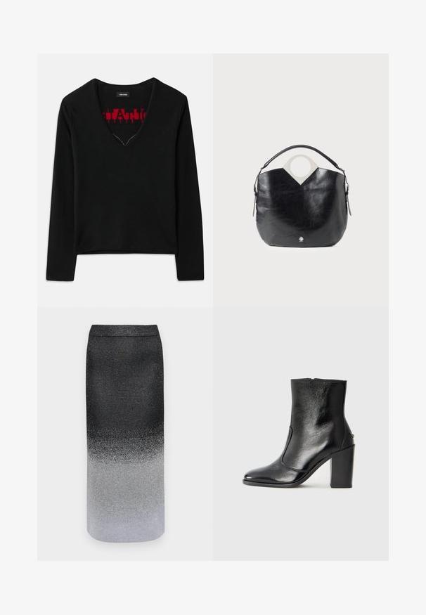 Juodas ilgomis rankovėmis viršus su V formos iškirpte, puošnus kontrastiniu raudonu mezgimo raštu viduje. Sklandi tekstūra, minimalistinis dizainas ir standartinis pritaikymas.; Metalinė sijonas su ombre dizainu, pereinančiu nuo juodos viršuje iki sidabrinės apačioje, su lygiu paviršiumi ir elegantiška forma.; Juodas odinis kulkšninis batas su lygiu paviršiumi, smailiu pirštu ir masyviu aukštu kulnu. Savybė - šoninis atidarymas ir minimalistiškas dizainas.; Juodas odinis krepšys su kreipta forma, apvalia viršutine rankena ir sidabriniu logotipu. Lygus paviršius ir akcentuota išpjovų dizaino detalė.