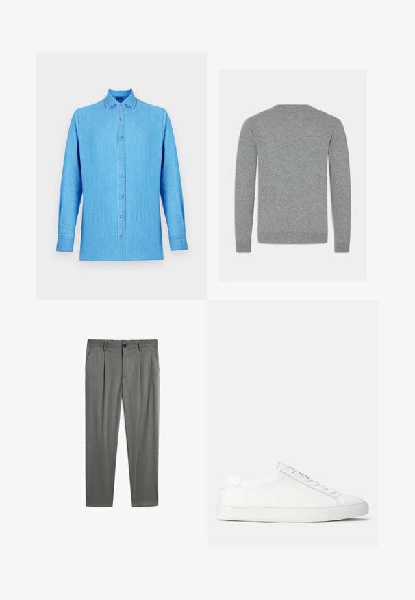 Maglione grigio lavorato a maglia con scollatura rotonda, maniche lunghe e polsini a costine. Il materiale sembra morbido con una texture liscia.; Camicia button-up azzurro chiaro con maniche lunghe, realizzata in un materiale testurizzato. Presenta un colletto e un piccolo logo ricamato sul petto.; Pantaloni grigi con una texture liscia, caratterizzati da chiusura con bottone, vita elastica e due tasche laterali. Design sartoriale con pince.; Sneakers bianchi in pelle con texture liscia, forma arrotondata, suola piatta in gomma e lacci bianchi. Presentano un design minimalista e un branding sottile.