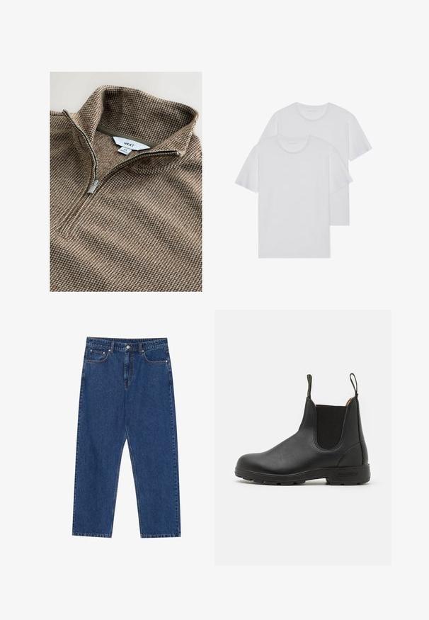 Brun zip-up tröja med hög krage, prydd med ett subtilt hundtandmönster och en silverdragkedja. Tagg synlig inuti med varumärkesnamnet.; Två vita bomull t-shirts med rund hals, korta ärmar och en mjuk textur. Båda har en enfärgad design utan synliga mönster eller detaljer.; Denimjeans i mörkblått, med rak benform, framfickor och en knappgylf med kontrasterande sömmar.; Svart läder Chelsea-boot med elastiska sidopaneler, dragflik, robust gummisula och söm-detaljer. Slät yta genomgående.