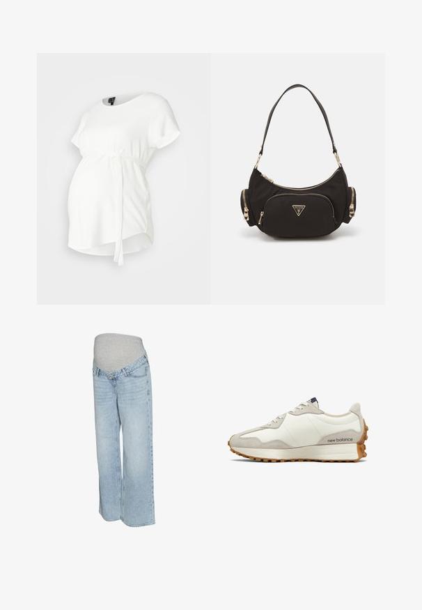 Maglione premaman a righe bianche e nere con collo alto e maniche lunghe, realizzato in un tessuto morbido e con una vestibilità comoda e rilassata.; Top bianco da maternità con maniche corte, scollo rotondo e design a grembiule. Presenta una cintura annodata in vita e una texture di tessuto morbida e liscia.; Jeans in denim azzurro chiaro con una cintura elastica grigia, design a gamba larga e stile tradizionale a cinque tasche. Tessuto morbido con lavaggio sbiadito.; Sneaker bianca e beige con tomaia in pelle liscia, dettagli in suede, punta rotonda e suola in gomma testurizzata. Nome del brand stampato sul lato.; Borsa a spalla in tessuto nero con accessori in tonalità oro, dotata di un ampio scomparto con zip e due piccole tasche laterali con zip.