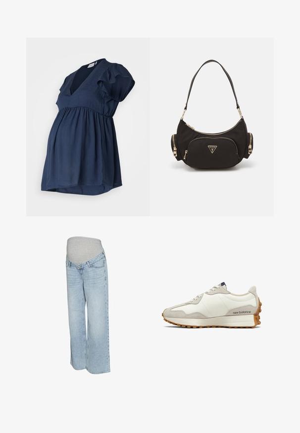 Črno-bela črtasta materinska pulover s visokim ovratnikom in dolgimi rokavi, ki vsebuje mehak material in sproščen kroj za udobje.; Temno modra nosečniška majica s kratkimi volančkasto oblikovanimi rokavi, V-izrezom in zbranim empire pasom za udobje in slog. Gladek, lahek material.; Svetlo modri kavbojki z sivo elastično pasom, širok kroj in tradicionalnim petim žepom. Gladka tekstura z opranim videzom.; Bela in bež športna obutev z gladkim usnjenim zgornjim delom, napačnimi akcenti, zaobljenim prstom in teksturiranim gumijastim podplatom. Ime blagovne znamke natisnjeno na strani.; Črna tkaninska torba s shoulder pasom z zlatimi dodatki, ki vsebuje glavni zip predel in dve manjšima zip žepoma na straneh.