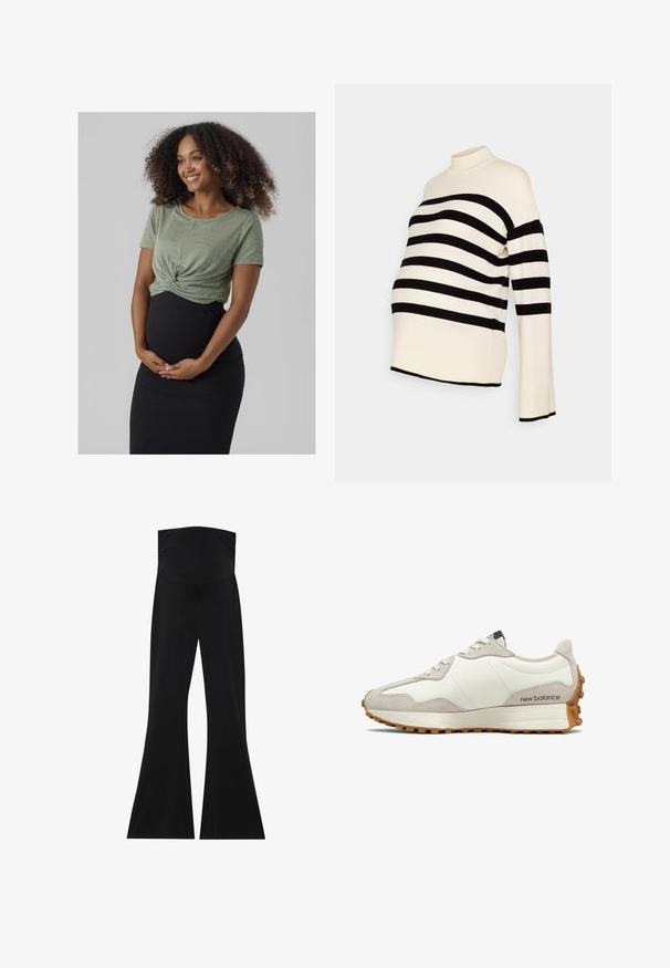 Melnbaltā svītrainā grūtniecības džemperī ir augsts kakls un garas piedurknes, tas ir izgatavots no mīksta auduma un ar brīvu piegriezumu komfortam.; Olīvzaļš ribots T-krekls ar priekšējo mezglu, apvienots ar melnu ribotu midi svārku. Apģērbs izceļ teksturētu, slāņotu izskatu.; Melni izkliedētie bikses ar augstu jostasvietu, izgatavotas no stiepjama auduma. Tām ir gluda tekstūra un vienkāršs, minimālistisks dizains.; Baltas un beige sporta apavi ar gludu ādas virsu, zamšādas akcentiem, noapaļotu purngalu un raupju gumijas zoli. Zīmola nosaukums drukāts uz sāniem.