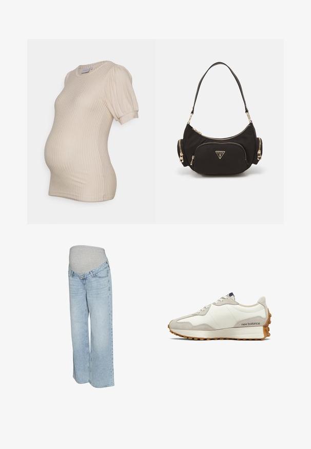 Maglione premaman a righe bianche e nere con collo alto e maniche lunghe, realizzato in un tessuto morbido e con una vestibilità comoda e rilassata.; Maglietta premaman beige con texture a costine, maniche a sbuffo corte e scollatura rotonda, progettata per adattarsi a una pancia in crescita.; Jeans in denim azzurro chiaro con una cintura elastica grigia, design a gamba larga e stile tradizionale a cinque tasche. Tessuto morbido con lavaggio sbiadito.; Sneaker bianca e beige con tomaia in pelle liscia, dettagli in suede, punta rotonda e suola in gomma testurizzata. Nome del brand stampato sul lato.; Borsa a spalla in tessuto nero con accessori in tonalità oro, dotata di un ampio scomparto con zip e due piccole tasche laterali con zip.