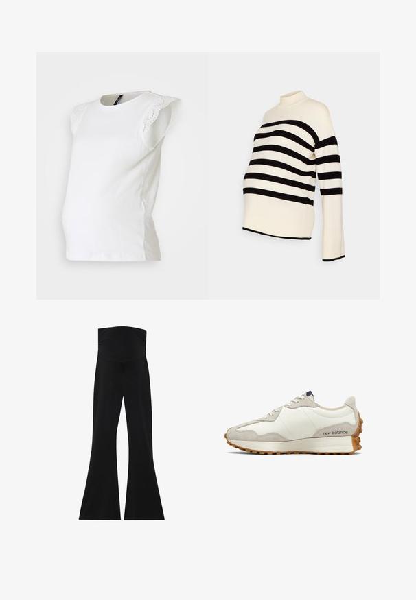 Black and white striped maternity sweater with a high neck and long sleeves, featuring a soft fabric and relaxed fit for comfort.; White maternity top with short, ruffled sleeves featuring lace details. Soft cotton fabric with a curved silhouette, designed for comfort.; Black flared pants with a high waistband, made from stretchy fabric. Features a smooth texture and a simple, minimalist design.; White and beige sneaker with a smooth leather upper, suede accents, rounded toe, and a textured rubber outsole. Brand name printed on the side.