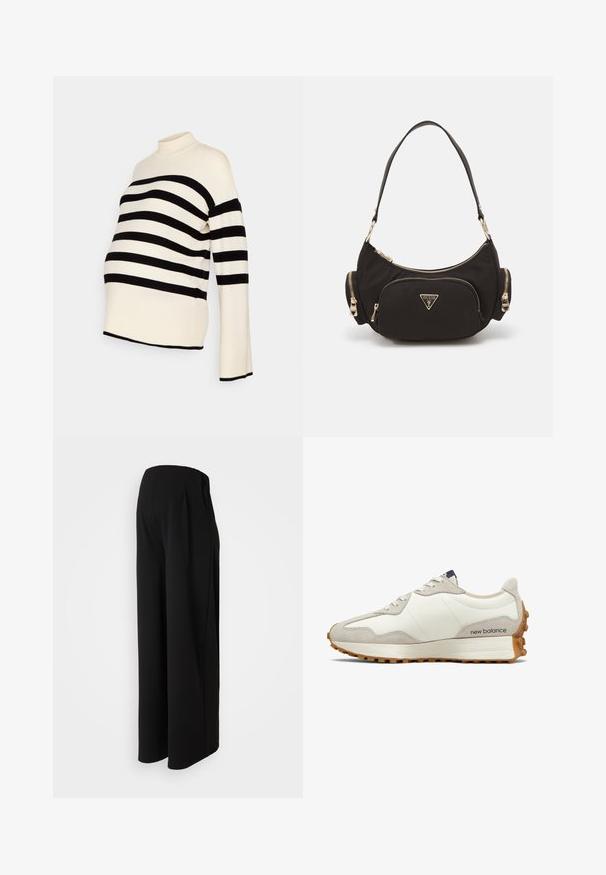Zwart-witte gestreepte zwangerschapstruien met een hoge hals en lange mouwen, gemaakt van een zachte stof en een relaxte pasvorm voor comfort.; Vero Moda Maternity VMMBECKY SUPER WIDE PANTS - Broek - black; Witte en beige sneaker met een gladde leren bovenkant, suède accenten, ronde neus en een gestructureerde rubberen zool. Merkennaam gedrukte op de zijkant.; Zwarte stoffen schoudertas met goudkleurige hardware, met een hoofdvak met rits en twee kleinere ritsvakken aan de zijkanten.