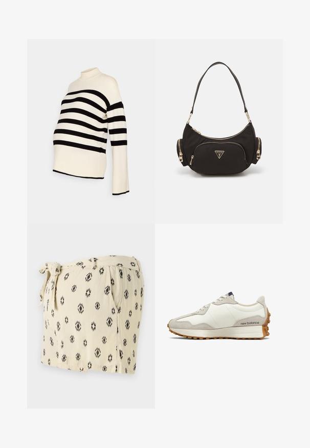 Zwart-witte gestreepte zwangerschapstruien met een hoge hals en lange mouwen, gemaakt van een zachte stof en een relaxte pasvorm voor comfort.; Lichtbeige shorts met zwarte geometrische patronen, voorzien van een strik taille, zijzakken en een ontspannen pasvorm. Gemaakt van zachte stof.; Witte en beige sneaker met een gladde leren bovenkant, suède accenten, ronde neus en een gestructureerde rubberen zool. Merkennaam gedrukte op de zijkant.; Zwarte stoffen schoudertas met goudkleurige hardware, met een hoofdvak met rits en twee kleinere ritsvakken aan de zijkanten.