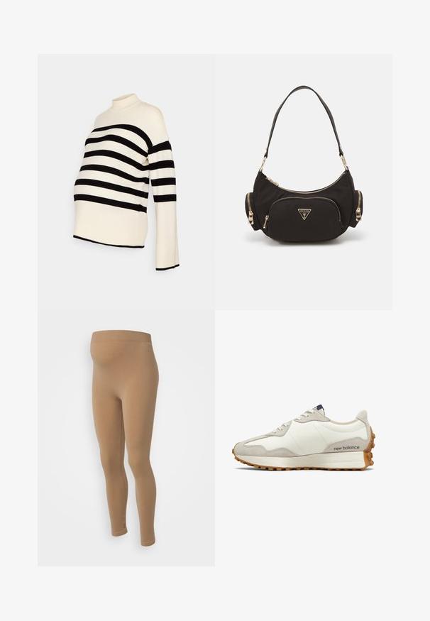 Czarny i biały sweter ciążowy w paski z wysokim kołnierzem i długimi rękawami, wykonany z miękkiego materiału i luźnego kroju dla komfortu.; Beżowe ciążowe legginsy z prążkowanego materiału o wysokim talii. Wykonane z elastycznej tkaniny, zaprojektowane dla wygody w trakcie ciąży. Bezszwowe wykończenie.; Białe i beżowe sneakersy z gładkiej skórzanej cholewki, zamszowymi akcentami, zaokrąglonym noskiem i teksturowaną gumową podeszwą. Nazwa marki nadrukowana na boku.; Czarna torba na ramię z tkaniny z złotymi akcentami, z główną przegrodą na zamek i dwiema mniejszymi kieszeniami na zamek po bokach.