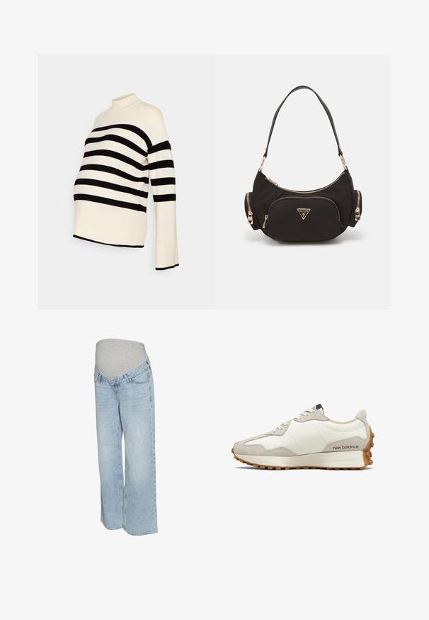 Czarny i biały sweter ciążowy w paski z wysokim kołnierzem i długimi rękawami, wykonany z miękkiego materiału i luźnego kroju dla komfortu.; Jasnoniebieskie dżinsy z denimu z szarym elastycznym pasem, szeroką nogawką i tradycyjnym pięciopocketowym stylem. Gładka tekstura z wyblakłym kolorem.; Biało-beżowy sneaker z gładką cholewką ze skóry i zamszowymi akcentami. Posiada okrągłe sznurówki, amortyzowaną podeszwę oraz teksturowaną gumową podeszwę zewnętrzną.; Czarna torba na ramię z tkaniny z złotymi akcentami, z główną przegrodą na zamek i dwiema mniejszymi kieszeniami na zamek po bokach.