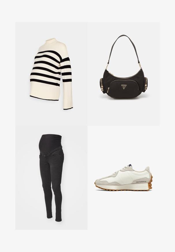 Raitapaita odottaville äideille musta-valkoisena, jossa on korkea kaulus ja pitkät hihat, pehmeä kangas ja rento malli mukavuutta varten.; Mustikkamustat äitiysfarkut, joissa on pehmeä ja venyvä vyötärö, kapeat lahkeet ja kaksi etutaskua. Valmistettu sileästä farkkukankaasta.; Valkoiset ja beige tennarit, joissa on sileä nahkapäällinen, mokkanahkakoristeet, pyöreä kärki ja teksturoitu kumipohja. Brändin nimi painettuna sivulle.; Musta kangaskassi kultapintaisilla yksityiskohdilla, jossa on päävetoketjullinen osio ja kaksi pienempää vetoketjupussia sivuilla.