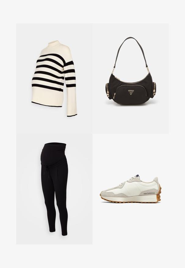 Gestreifter Schwangerschaftspullover in Schwarz und Weiß mit hohem Kragen und langen Ärmeln, aus weichem Material und mit lockerer Passform für zusätzlichen Komfort.; Schwarze Schwangerschaftsjogger mit elastischem Bund, Kordelzugdetail und schmal zulaufenden Beinen. Hergestellt aus weichem, flexiblem Stoff für maximalen Komfort.; Weiße und beige Sneaker mit einem glatten Lederobermaterial, Wildlederakzenten, runder Zehenform und einer strukturierten Gummisohle. Markenname an der Seite gedruckt.; Schwarze Stoff-Schultertasche mit goldfarbener Hardware, ausgestattet mit einem Hauptreißverschlussfach und zwei kleineren Reißverschlussfächern an den Seiten.