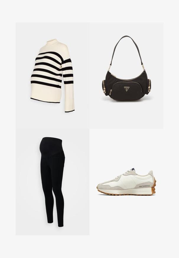 Zwart-witte gestreepte zwangerschapstruien met een hoge hals en lange mouwen, gemaakt van een zachte stof en een relaxte pasvorm voor comfort.; Zwarte zwangerschapsleggings met een hoge tailleband voor ondersteuning, een aansluitend ontwerp en zachte, rekbare stof voor comfort.; Witte en beige sneaker met een bovenwerk van glad leer en suède accenten. Voorzien van ronde veters, een gevoerde zool en een gerubberde buitenzool met structuur.; Zwarte stoffen schoudertas met goudkleurige hardware, met een hoofdvak met rits en twee kleinere ritsvakken aan de zijkanten.