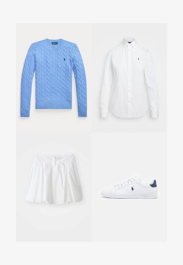 Šviesiai mėlynas megztinis su apvalia kaklo iškirpte, raukšlėtomis rankovėmis ir apačia. Ant krūtinės yra mažas logotipas. Tekstūruota medžiaga.; Balta marškiniai su išilginiais atvartais, ilgomis rankovėmis ir mažai mėlyna logotipu kairėje krūtinės pusėje. Pagaminti iš medvilnės audinio.; Balta medvilninė sijonas su platėjančiu dizainu, per priekį užsegamas mygtuku ir su subtiliai susiraukšlėtu liemeniu, suteikiančiu formą.; Baltos odinės sportbačiai su lygiu paviršiumi, tamsiai mėlyni akcentai ir mažas logotipas šone. Yra plokščios raišteliai ir tekstūruotas gumos padas.