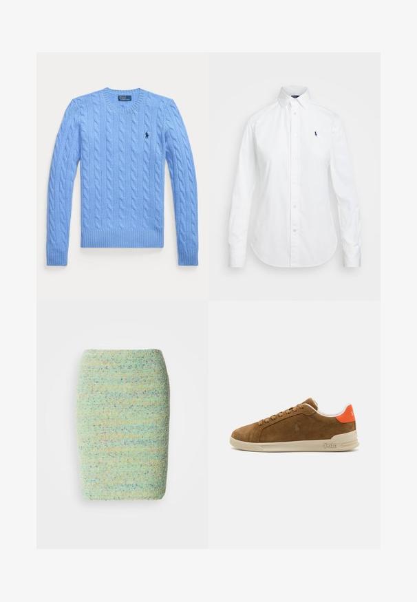 Světle modrý svetr s pleteným vzorem, kulatým výstřihem, žebrovanými manžetami a spodním lemem. Má malé logo na prsou. Texturovaná tkanina.; Bílá košile na knoflíky s špičatým límcem, dlouhými rukávy a malým modrým logem na levé straně hrudi. Vyrobena z bavlněné tkaniny.; Sukně ke kolenům vyrobená z texturované, skvrnité látky v pastelově zelené barvě s náznaky modré, oranžové a fialové.; Hnědé semišové tenisky s krémovou gumovou podrážkou, vybavené oranžovými akcenty na patě a malým detailem loga na boku.