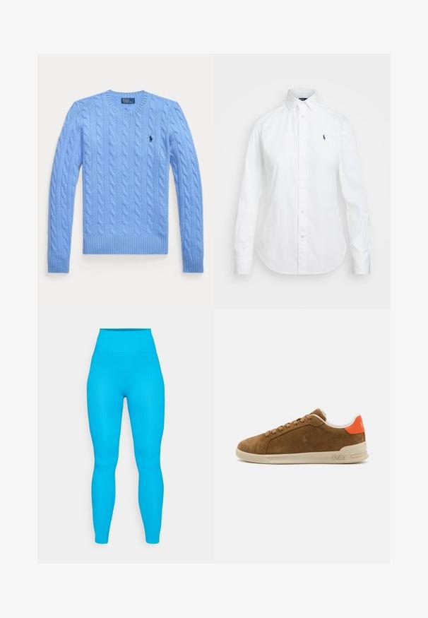 Lys blå kabelstrikket genser med rund hals, ribbede mansjetter og nederkant. Har en liten logo på brystet. Teksturert stoff.; Hvit skjorte med krage, lange ermer, og en liten blå logo på venstre bryst. Laget av bomullsstoff.; Ribbestrikkede blå leggings med høy midje, tettsittende design og jevn tekstur, egnet for trening eller casual bruk.; Brune semskede sneaker med en kremfarget gummisåle, med oransje detaljer på hælen og en liten logo-detalj på siden.