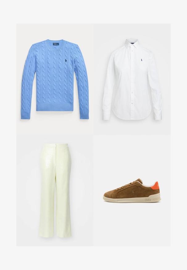 Vaaleansininen neulepusero, jossa on pyöreä kaula-aukko, resorit hihansuissa ja helmassa. Rinnassa pieni logo. Kankaan pinta on rakenne.; Valkoinen nappikauluspaita, jossa on terävä kaulus, pitkät hihat ja pieni sininen logo vasemmassa rinnassa. Valmistettu puuvillakankaasta.; Vaaleankeltaiset, paljeteilla koristellut housut, joissa on leveä lahje, tasainen pinta ja huomaamaton takavetoketju.; Ruske juuttihiusnikat, joissa on kermaavaaleat kumipohjat, oranssit yksityiskohdat kantapäässä ja pieni logotehoste sivussa.