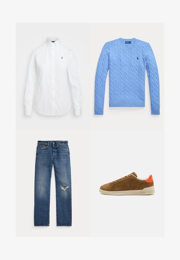Light blue cable-knit sweater with a round neck, ribbed cuffs, and hem. Features a small logo on the chest. Textured fabric.; White button-up shirt with a pointed collar, long sleeves, and a small blue logo on the left chest. Crafted from cotton fabric.; Blue denim jeans with a mid-rise waist, five pockets, and a frayed rip on the right knee.; Brown suede sneaker with a cream rubber sole, featuring orange accents at the heel and a small logo detail on the side.