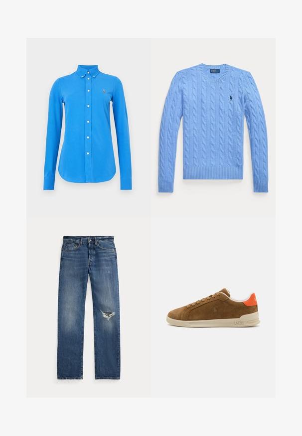 Lys blå kabelstrikket genser med rund hals, ribbede mansjetter og nederkant. Har en liten logo på brystet. Teksturert stoff.; Blå skjorte med lange ermer og knapper nedover kragen, med hvite knapper og en liten brodert logo på venstre bryst. Glatt stofftekstur.; Blå denimjeans med middels høy midje, fem lommer og et frynsete hull på høyre kne.; Brune semskede sneaker med en kremfarget gummisåle, med oransje detaljer på hælen og en liten logo-detalj på siden.