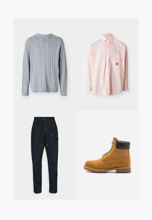 Lichtblauwe gebreide trui met een kabelgebreid patroon, lange mouwen en een ronde hals. Ribgebreide manchetten en zoom voegen textuur en structuur toe.; Lichtroze overhemden met knopen, voorzien van twee borstzakken en een logo-label. Gemaakt van katoen met een klassieke kraag en lange mouwen.; Carhartt WIP DOUBLE KNEE PANT - Broek - black aged canvas; Tan suède enkelboot met zwart gevoerd kraagje, gouden metalen oogjes, witte stikdetails en een robuuste rubberen zool met uitgesproken profiel.