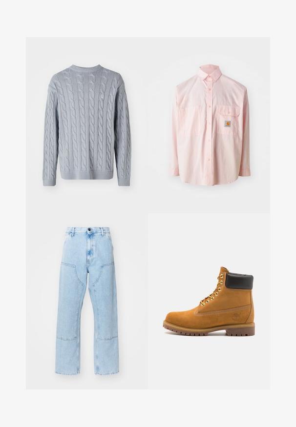 Gaiši zila adīta džemperis ar kabliņu rakstu, garām piedurknēm un apaļu kakla izgriezumu. Ribotais piedurkņu un apakšmalas dizains piešķir tekstūru un struktūru.; Gaiša rozā krekls ar pogām, divām krūšu kabatām un logotipa birku. Izgatavots no kokvilnas, ar klasisku apkakli un garām piedurknēm.; Gaiši zili, taisnas kājas džinsi ar lielām priekšējām kabatām un kontrastējošām šuvēm. Audumam ir noberzta, mīksta tekstūra.; Brūna zamša potīte ar melnu izšuvumu ap kaklu, zelta metāla acu caurumi, balta šuvju apdare un izturīgs gumijas zole ar izteiktu zīmējumu.