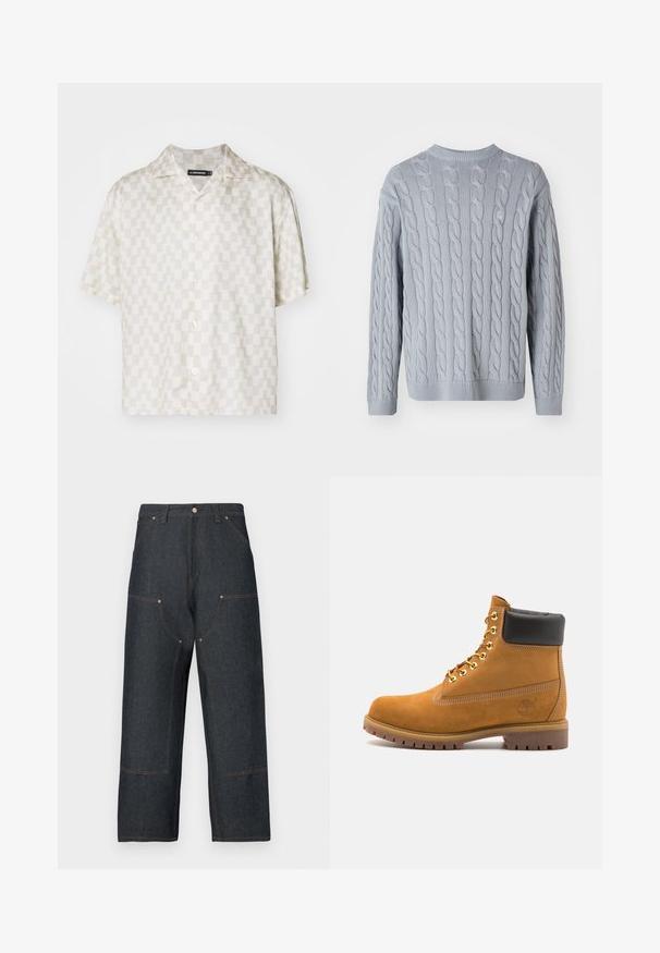 Pullover en tricot bleu clair avec un motif en torsades, manches longues et col rond. Les poignets et l'ourlet côtelés ajoutent de la texture et de la structure.; Chemise à manches courtes avec un motif géométrique crème et beige, tissu léger, col en V et cinq boutons sur le devant.; Jean en denim bleu foncé avec une coupe à jambes larges, présentant des coutures contrastantes orange, des poches avant et une fermeture classique par bouton.; Bottine en daim beige avec un col rembourré noir, œillets en métal doré, détails de surpiqûres blanches et semelle en caoutchouc robuste avec des crampons prononcés.
