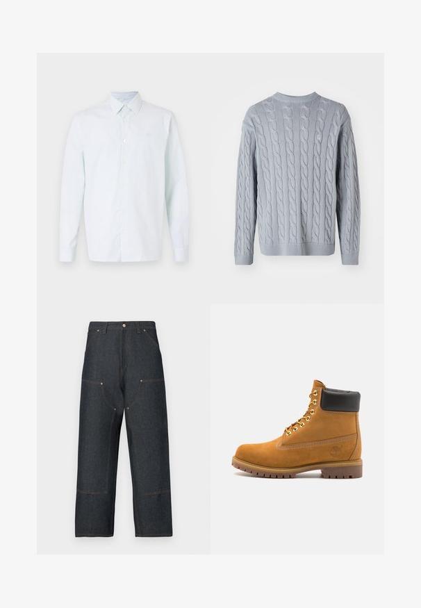 Suéter tricotado azul claro com padrão de trançado, mangas longas e decote redondo. Punhos e bainha canelados acrescentam textura e estrutura.; Camisa de mangas longas azul claro e branca com riscas, com botão à frente, gola pontiaguda, tecido macio, apresentando um pequeno logótipo no peito.; Calças de ganga azul escura com design de perna larga, apresentando costuras laranja contrastantes, bolsos frontais e fecho clássico de botão.; Botim de tornozelo em camurça bege com colarinho acolchoado preto, ilhós de metal dourado, detalhes de costura branca e sola de borracha robusta com sulcos pronunciados.