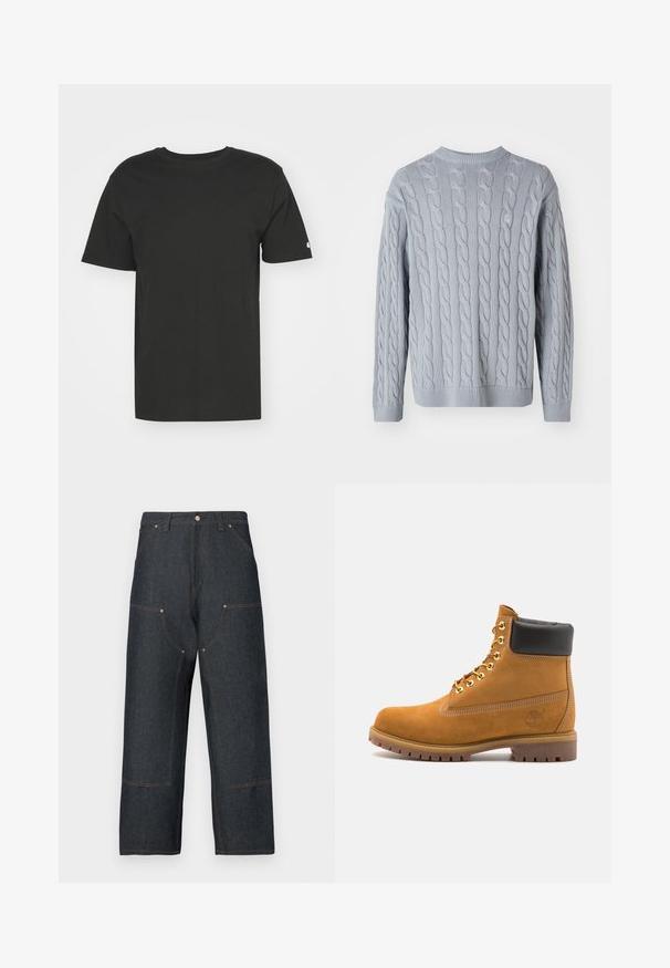 Light blue knitted sweater with cable knit pattern, long sleeves, and round neckline. Ribbed cuffs and hem add texture and structure.; Black T-shirt made of soft cotton, featuring short sleeves and a crew neck. Simple design with a small logo on the left sleeve.; Dark blue denim jeans with a wide leg design, featuring contrasting orange stitching, front pockets, and a classic button closure.; Tan suede ankle boot with black padded collar, gold metal eyelets, white stitching detailing, and rugged rubber sole with pronounced treads.