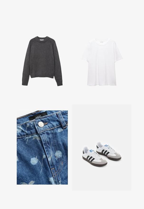 Tamno sivi džemper s okruglim izrezom, rebrastim manžetama i donjim rubom. Pletena tekstura s opuštenim krojem i dugim rukavima.; Obična bijela majica od pamuka s okruglim izrezom, kratkim rukavima i ležernim krojem. Glatka tekstura bez uzoraka ili dodataka.; Denim tkanina u svijetloplavoj boji, s cvjetnim uzorkom. Uključuje zatvaranje na srebrni gumb i svijetlosmeđe šavove. Vidljiva oznaka marke.; Sportske cipele s gornjištem od bijele kože, sivi suedinasti nos i tri crne pruge. Imaju plavi logo na jeziku i teksturiranu gumenu podlogu.