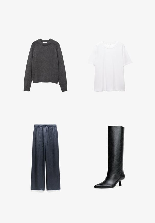 Donkergrijze trui met een ronde hals, ribgebreide boorden en zoom. Gebreide textuur met een ontspannen pasvorm en lange mouwen.; Effen wit T-shirt van katoen met een ronde hals, korte mouwen en een relaxte pasvorm. Glad textuur zonder patronen of accenten.; Wijde broek gemaakt van textiel met een glanzend zwart materiaal. Beschikt over een elastische tailleband met een trekkoord en heeft een ontspannen pasvorm.; Zwarte kniehoge laars gemaakt van gestructureerd leer. Heeft een spitse neus en een kleine, vloeiende hak. Strakke, gladde vormgeving met minimale accenten.